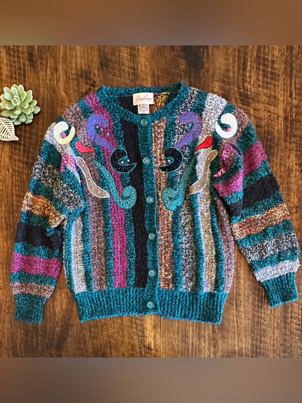 Jaclyn Smith | Embellished 80s Cardigan Sweater, Colorful Eclectic Abstract, M